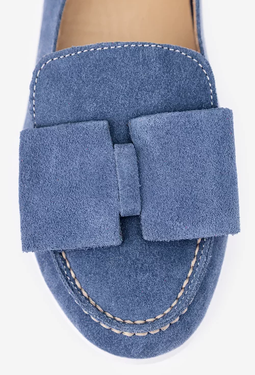 Mocasini bleu din piele intoarsa cu funda