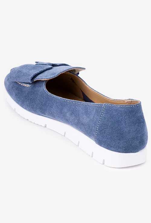Mocasini bleu din piele intoarsa cu funda