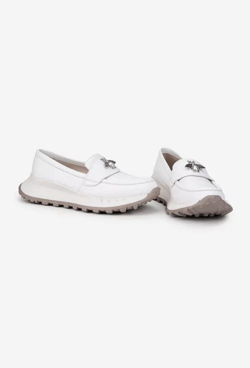 Mocasini dama albi din piele texturata cu ornament