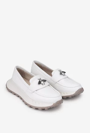 Mocasini dama albi din piele texturata cu ornament