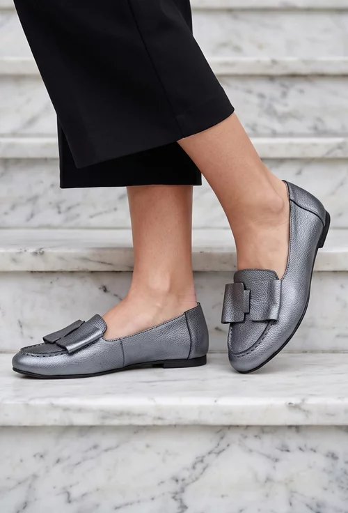Mocasini dama argintii din piele naturala cu funda picture - 2
