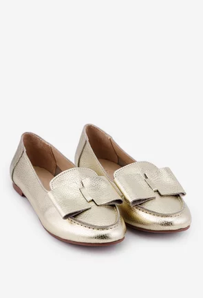 Mocasini dama aurii din piele naturala cu funda