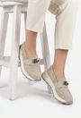 Mocasini dama bej din piele intoarsa cu ornament