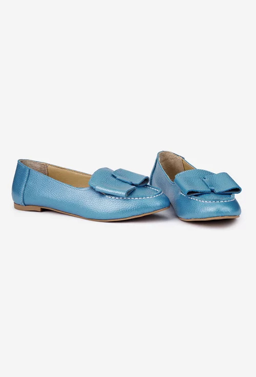 Mocasini dama bleu din piele naturala cu funda