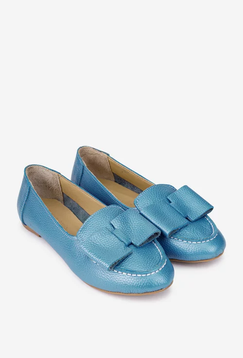 Mocasini dama bleu din piele naturala cu funda