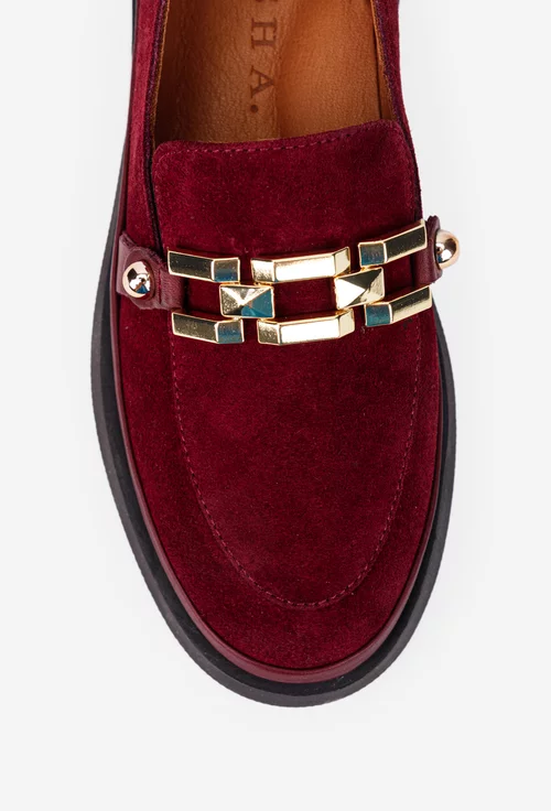 Mocasini dama bordo din piele intoarsa cu ornament