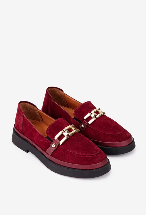 Mocasini dama bordo din piele intoarsa cu ornament