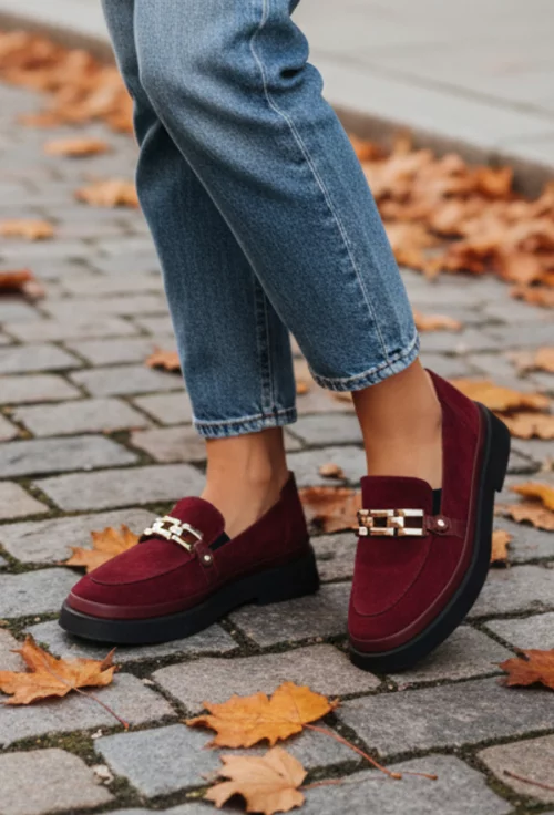 Mocasini dama bordo din piele intoarsa cu ornament
