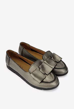 Mocasini dama bronz din piele cu funda