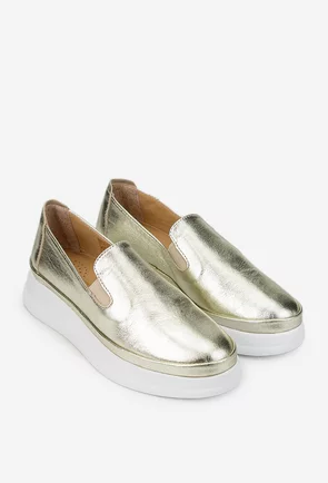Mocasini dama din piele aurie