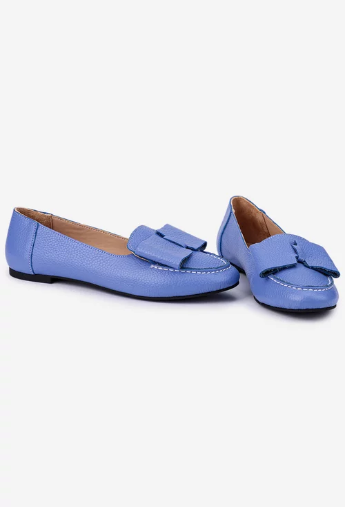 Mocasini dama din piele bleu naturala cu funda