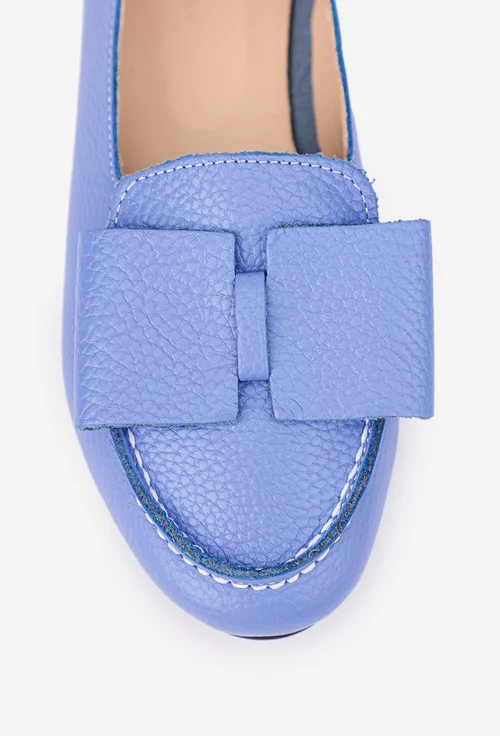 Mocasini dama din piele bleu naturala cu funda