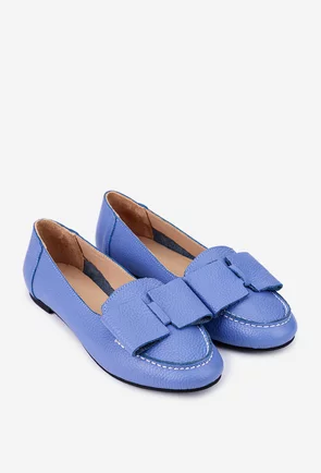 Mocasini dama din piele bleu naturala cu funda