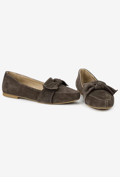 Mocasini dama din piele intoarsa taupe cu funda picture - 6