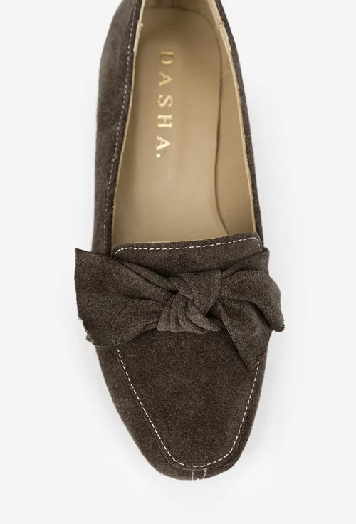 Mocasini dama din piele intoarsa taupe cu funda picture - 7