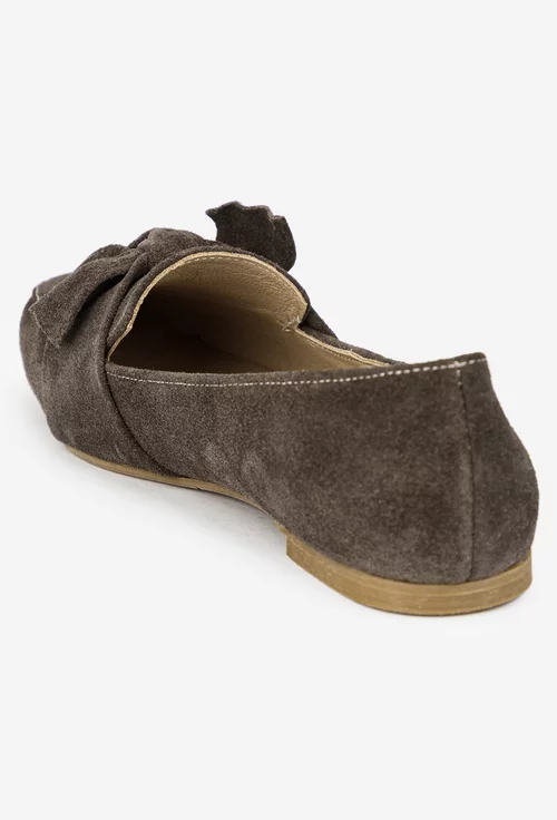 Mocasini dama din piele intoarsa taupe cu funda picture - 4