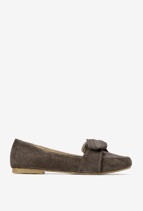 Mocasini dama din piele intoarsa taupe cu funda picture - 3
