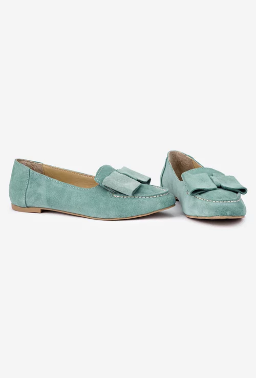 Mocasini dama din piele intoarsa verde menta cu funda