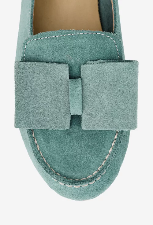 Mocasini dama din piele intoarsa verde menta cu funda