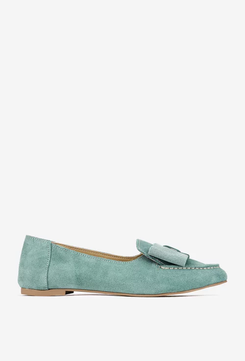 Mocasini dama din piele intoarsa verde menta cu funda