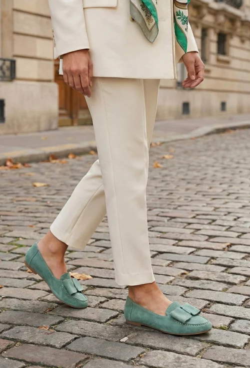 Mocasini dama din piele intoarsa verde menta cu funda