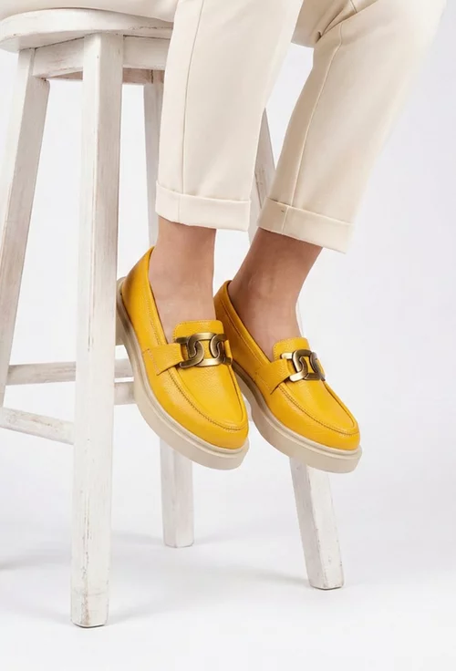 Mocasini dama galbeni din piele texturata cu ornament