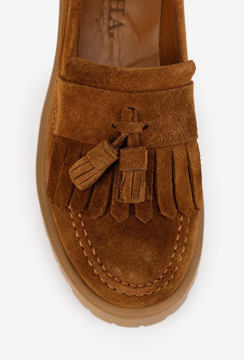 Mocasini dama maro din piele intoarsa cu detaliu canaf