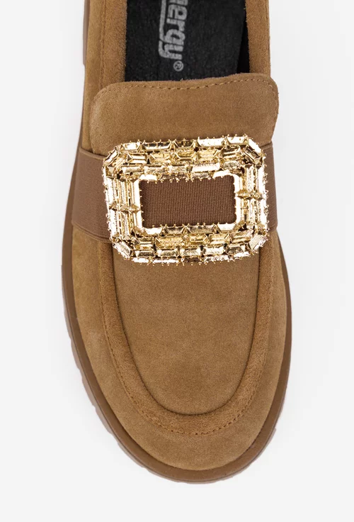 Mocasini dama maro din piele intoarsa cu ornament