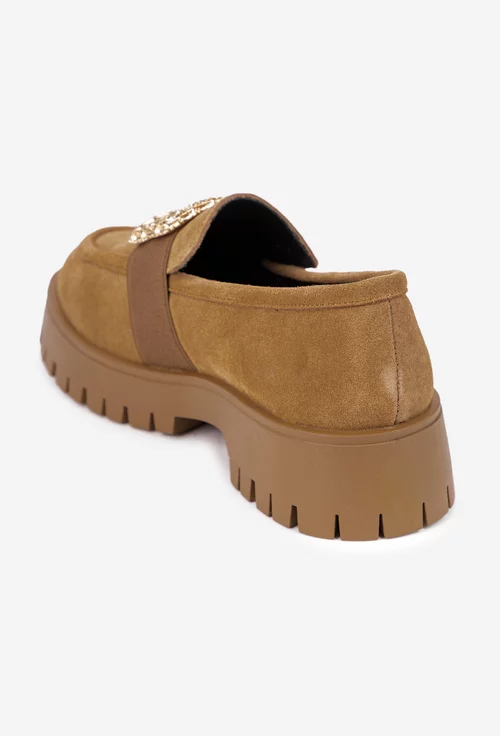 Mocasini dama maro din piele intoarsa cu ornament