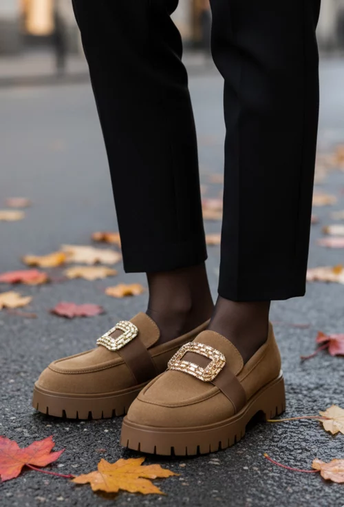 Mocasini dama maro din piele intoarsa cu ornament