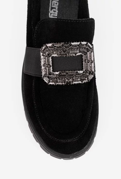 Mocasini dama negri din piele intoarsa cu ornament