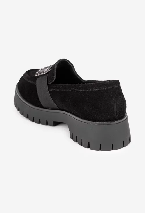 Mocasini dama negri din piele intoarsa cu ornament