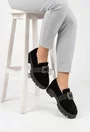 Mocasini dama negri din piele intoarsa cu ornament