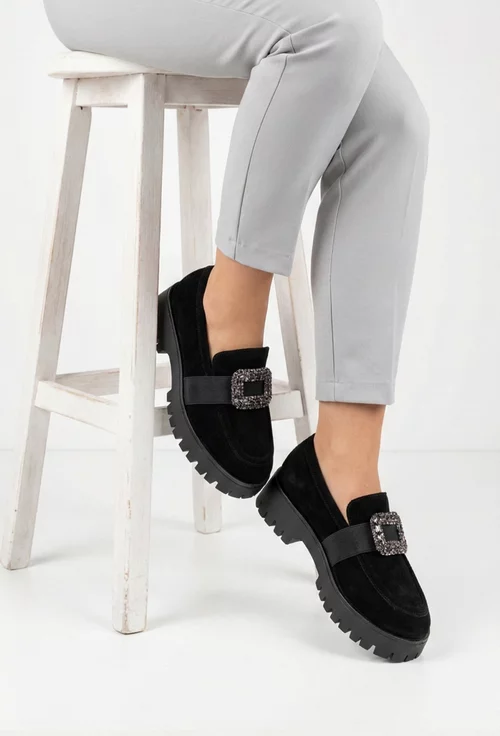 Mocasini dama negri din piele intoarsa cu ornament