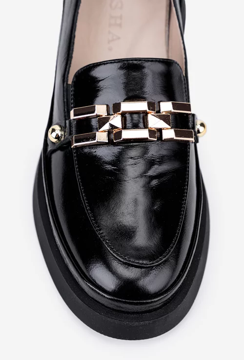 Mocasini dama negri din piele lacuita cu ornament