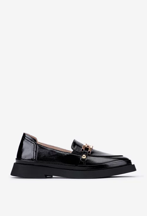Mocasini dama negri din piele lacuita cu ornament