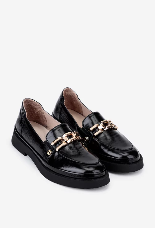 Mocasini dama negri din piele lacuita cu ornament