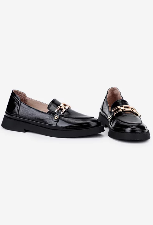 Mocasini dama negri din piele lacuita cu ornament