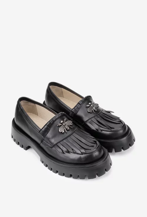 Mocasini dama negri din piele naturala cu ornament