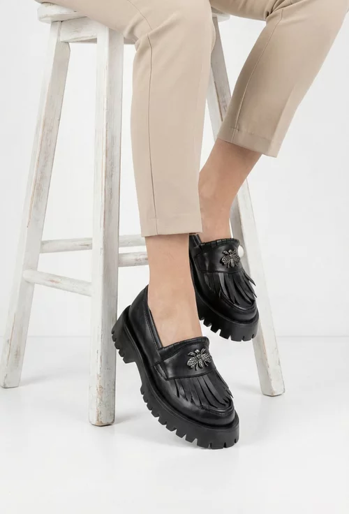 Mocasini dama negri din piele naturala cu ornament