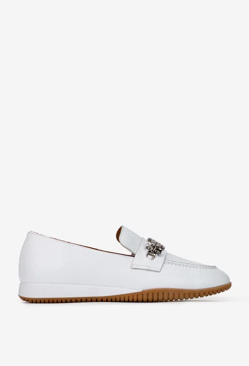 Mocasini dama NUR albi din piele texturata cu ornament