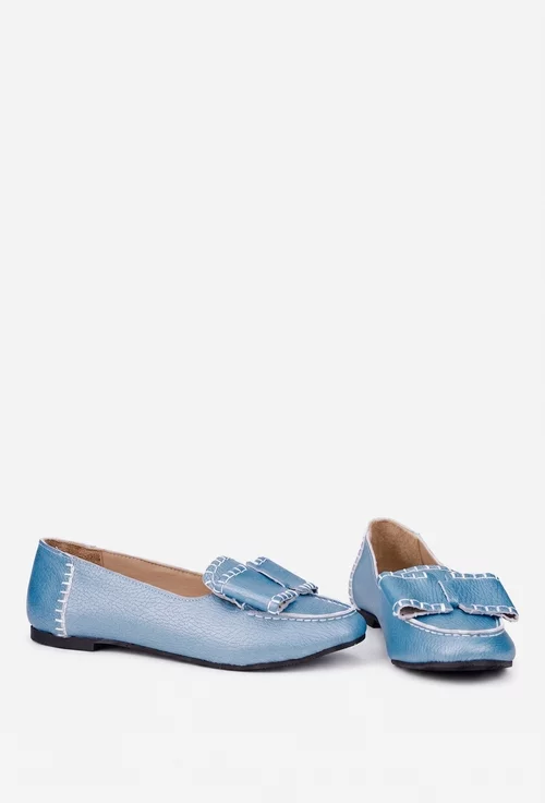 Mocasini dama NUR bleu din piele texturata cu funda