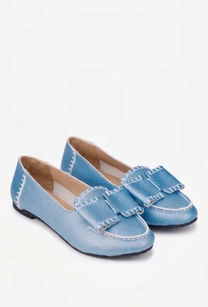 Mocasini dama NUR bleu din piele texturata cu funda