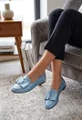 Mocasini dama NUR bleu din piele texturata cu funda