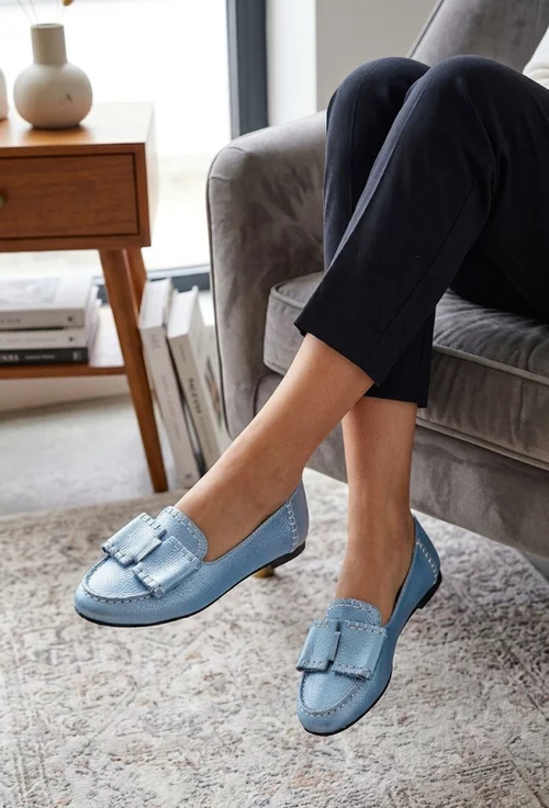 Mocasini dama NUR bleu din piele texturata cu funda