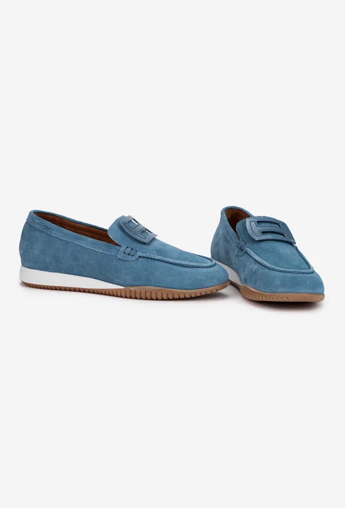 Mocasini dama NUR din piele intoarsa bleu cu ornament
