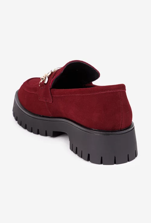 Mocasini dama NUR din piele intoarsa bordo cu ornament