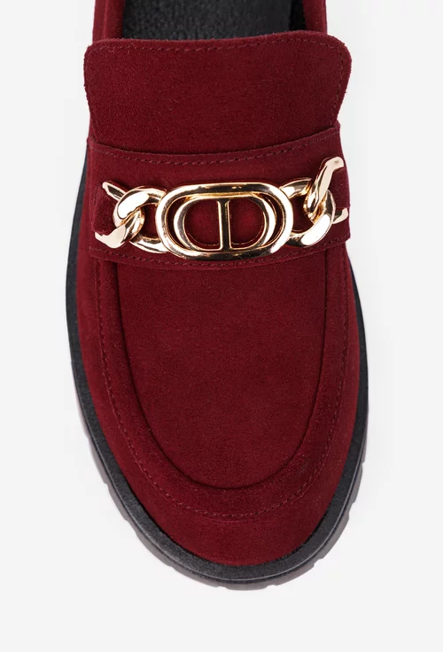 Mocasini dama NUR din piele intoarsa bordo cu ornament