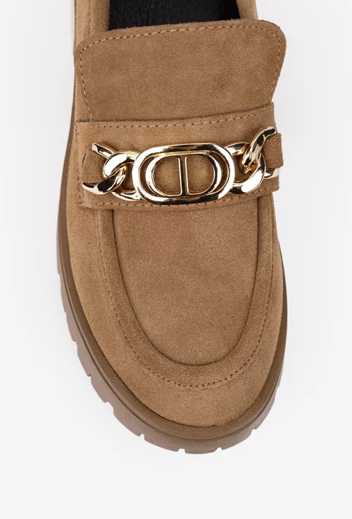 Mocasini dama NUR din piele intoarsa maro deschis cu ornament