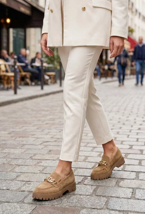 Mocasini dama NUR din piele intoarsa maro deschis cu ornament